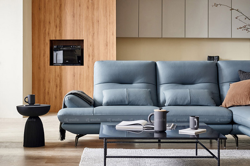Sofa góc da phòng khách màu xanh E11