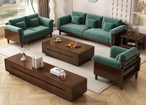 Bộ bàn Ghế Sofa Gỗ Đệm Nỉ Màu Xanh Rêu - E184