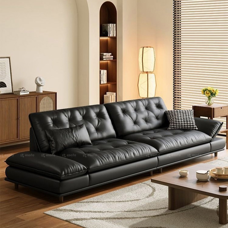 Sofa văng da màu đen tựa lưng rút lõm E102